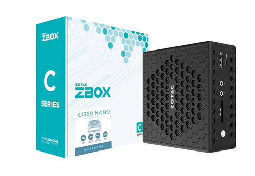 Zotac ZBOX CI360 nano. Chassis type: 0.9L sized PC, Product type: Mini PC barebone. Supported memory types: DDR5-SDRAM, Nu