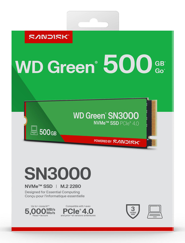 Unità stato solido WD Green SN3000 WDS500G4G0E-00CPS0 - M.2 2280 Interno - 500 GB - PCI Express NVMe (PCI Express NVMe 4.0