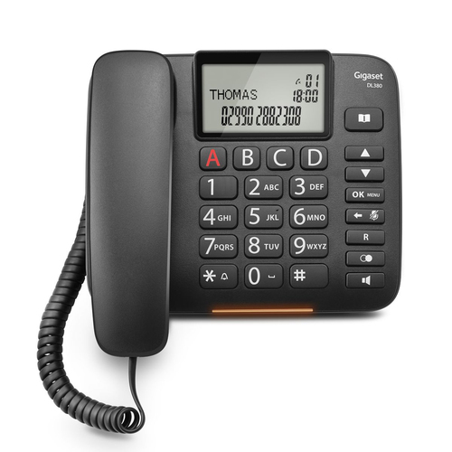 Gigaset DL380. Typ: Analoges Telefon, Hörertyp: Kabelgebundenes Mobilteil. Freisprecheinrichtung, Telefonbuch Kapazität: 9