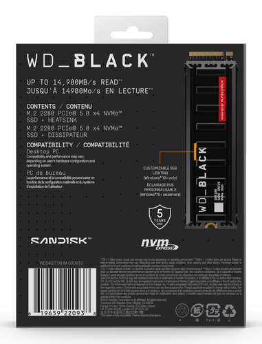 Western Digital Black WD_BLACK SN8100 NVMe. Capacidade da drive SSD: 4 TB, Fator de forma SSD: M.2, Velocidade de leitura:
