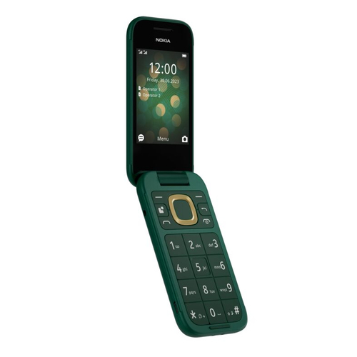 Nokia 2660 Flip - 4G, VoLTE, 2,8"+1,77", 0,3MP, 48MB/128MB, Lush Green. Form factor: Flip. SIM card capability: Dual SIM. 