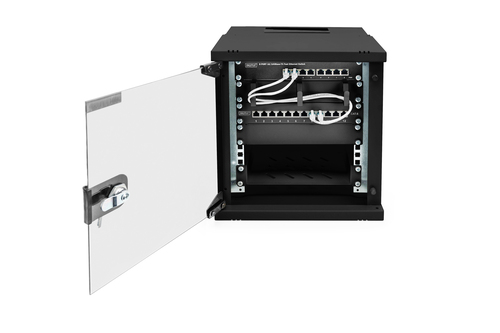 Digitus SOHO PRO 6U Wall Mountable Enclosed Cabinet Rack Cabinet for Networking254 mm Rack Depth - Black - Glass, Steel, S