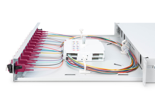 Digitus Fiber Optic Sliding Splice Box, 1U, Equipped, LC, OM4. Type: Cable management panel, Housing material: Steel, Prod