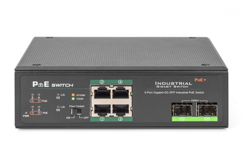 Digitus 4 port Gigabit Ethernet network PoE switch, industrial, unmanaged, 2 SFP uplink. Switch type: Unmanaged. Basic swi