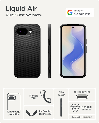 Spigen Liquid Air Pixel 10a Case Matte Black. Case type: Cover, Brand compatibility: Google, Compatibility: Pixel 10a, Max