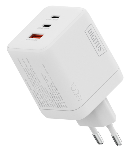Digitus USB GaN Charger 100W, 2x USB-C, 1x USB-A. Charger type: Indoor, Power source type: AC, Charger compatibility: Univ