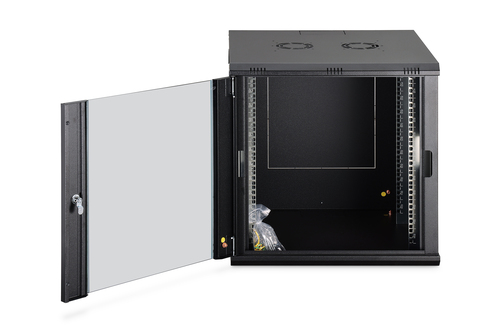 Digitus Dynamic-N 12U Wall Mountable Enclosed Cabinet Rack Cabinet for Networking, Server - Black - Steel, Glass, Sheet St