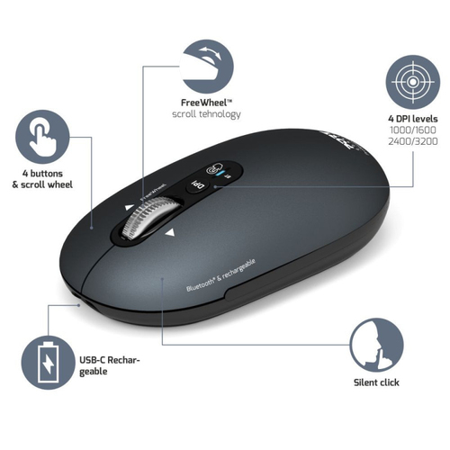Port Connect PURE MAC Mouse - Bluetooth/Radio Frequency - USB Type A - Optical - 4 Button(s) - Shadow - Wireless - 2.40 GH