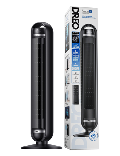 Dreo Ventilatore a Torre Ultra Silenzioso, 25dB, Potente 8 m/s, Ventilatori a Colonna con Telecomando, 4 Modalità, 8 Livel