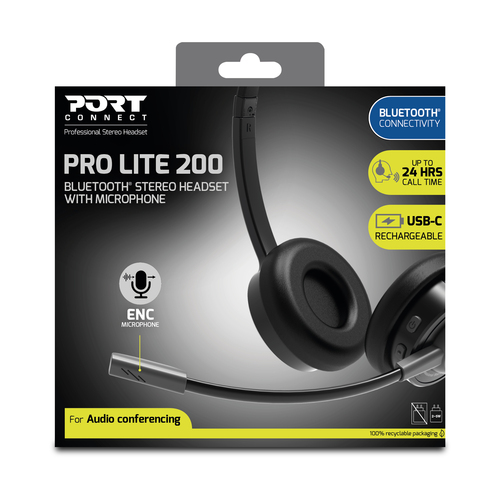 Port Connect PRO LITE 200 Wired/Wireless Over-the-head, On-ear Stereo Headset - Microsoft Teams Certification - Binaural -