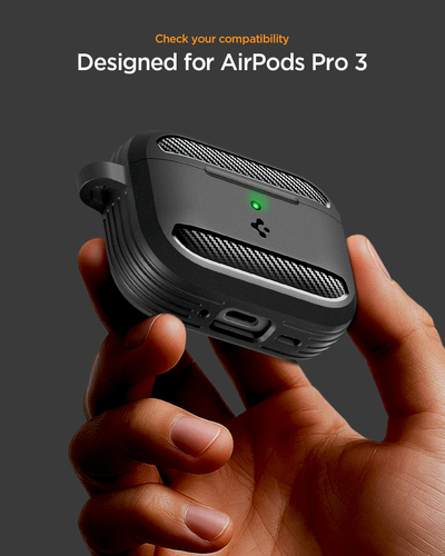 Spigen Rugged Armor AirPods Pro 3 Case Matte Black. Product type: Case, Material: Thermoplastic polyurethane (TPU), Produc