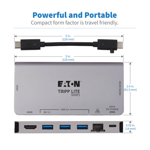 Tripp Lite U442-DOCK5D-GY USB-C Dock - 4K HDMI, USB 3.x (5Gbps), USB-A/C Hub Ports, GbE, Memory Card, 100W PD Charging, De