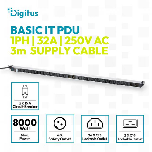 Digitus Basis IT PDU, single-phase 32 A, 24 x C13, 2 x C19, 4 x grounded outlets, 3 m power cord, IEC 60309 32 A plug. PDU