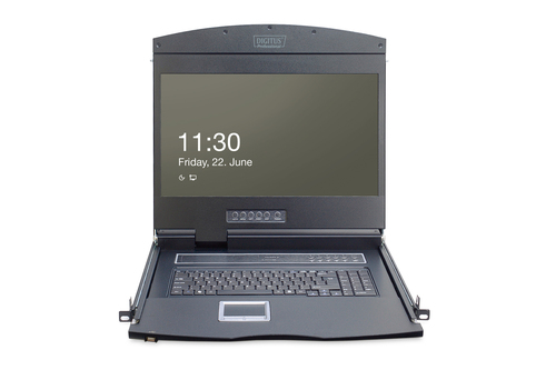 Digitus 19" LCD KVM console, 8-port VGA, German keyboard. Display diagonal: 48.3 cm (19"), Display resolution: 1366 x 768 