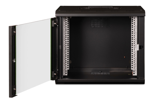 Digitus SoHo 9U Wall Mountable Rack Cabinet for LAN Switch - 482.60 mm Rack Width - Black Powder Coat - Steel, Glass - 60 