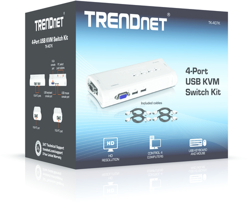 Trendnet TK-407K. Tastatur Porttyp: USB, Maus-Porttyp: USB, Video Porttyp: VGA. Maximale Auflösung: 2048 x 1536 Pixel, Sca