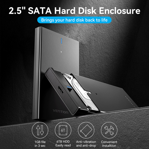 Vention 2.5 Inch SATA Hard Drive Enclosure (USB 3.0 Micro-B) Black. Product type: HDD enclosure. Number of storage drives 