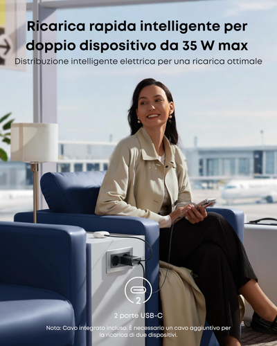 Adattatore corrente ANKER Nano - 35 W - Adattatore universale - 2 USB di tipo C - Per iPhone, iPad - 70 cm Cavo - Nero