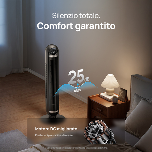 Dreo Ventilatore a Torre Smart 413S – Silenziosità Estrema 25dB, Flusso d'Aria 8 m/s e 8 Velocità – WiFi 91cm con App/Alex