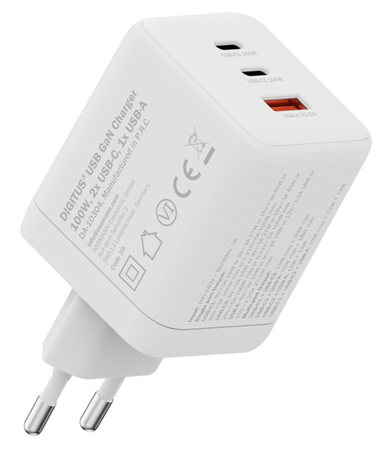 Digitus USB GaN Charger 100W, 2x USB-C, 1x USB-A. Charger type: Indoor, Power source type: AC, Charger compatibility: Univ