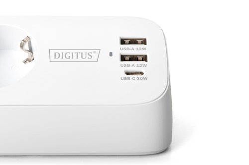 Digitus 3-fach Office-Steckdosenleiste mit 2x USB-A und 1x USB-C Anschlüssen, Weiß. Kabellänge: 1,5 m, Unterstützte Positi
