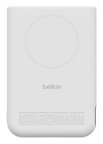 Belkin UltraCharge Pro Stromspeicher - Weiß - für Qi2-fähiges Gerät, MagSafe-fähiges Gerät, iPhone, Smartphone - 1 x Typ-C
