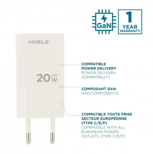 MOBILIS Energia 20 W AC Adapter - Universal Adapter - 1 USB Type-C - For Smartphone, Tablet PC - Europe - White
