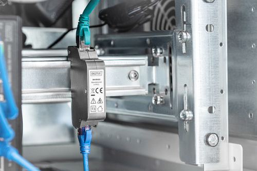 Digitus PoE surge protector (RJ45), DIN rail installation, indoor. Product colour: Grey, Material: Zinc, International Pro
