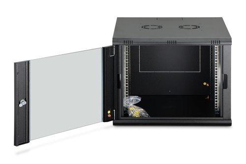 Digitus Dynamic-N 9U Wall Mountable Enclosed Cabinet Rack Cabinet for Networking, Server - Black - Steel, Glass, Sheet Ste