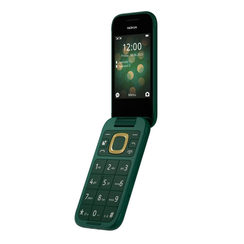 Nokia 2660 Flip - 4G, VoLTE, 2,8"+1,77", 0,3MP, 48MB/128MB, Lush Green. Form factor: Flip. SIM card capability: Dual SIM. 