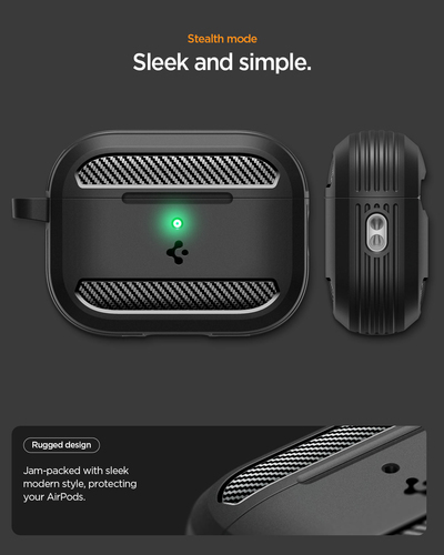 Spigen Rugged Armor AirPods Pro 3 Case Matte Black. Product type: Case, Material: Thermoplastic polyurethane (TPU), Produc